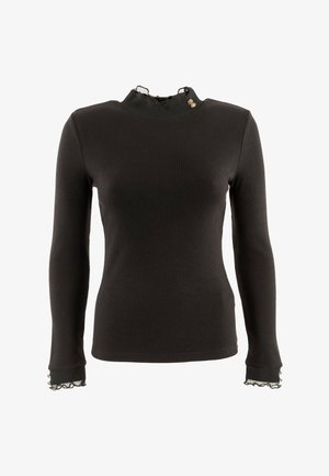 Top de manga larga negro con canalé, cuello alto, detalle de encaje y botones en los puños. Diseño ajustado con una textura suave.