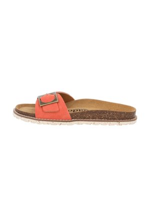 Coral slide sandal with a textured fabric strap and a square metal buckle; contoured cork footbed and white textured sole.