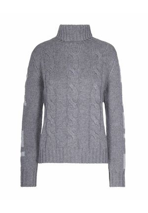 Maglione grigio a collo alto in maglia con maniche lunghe e polsini e orlo a coste, esposto su uno sfondo bianco.