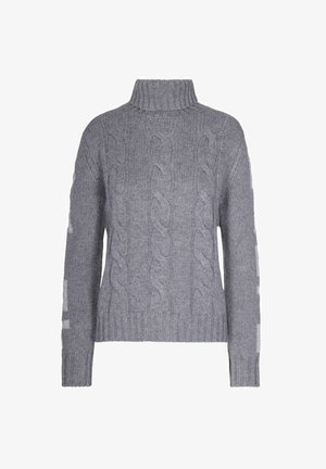 Maglione grigio a collo alto in maglia con maniche lunghe e polsini e orlo a coste, esposto su uno sfondo bianco.