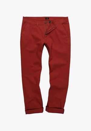 Rode katoenen broek met een ritssluiting en knoopsluiting, voorzien van twee voorzakken en opgerolde boorden voor een casual ontwerp.