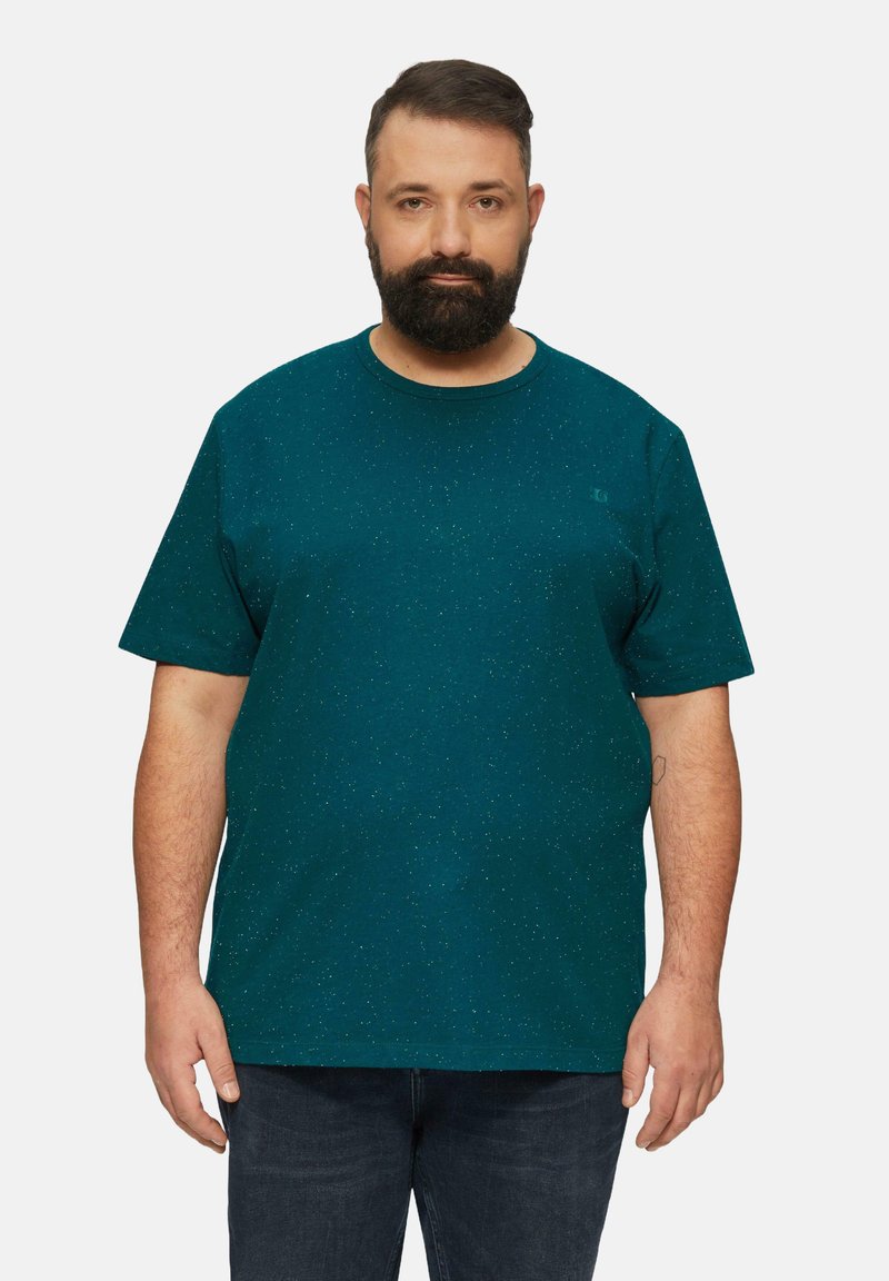 Dunkelgrünes Kurzarm-T-Shirt mit Rundhalsausschnitt, aus einem strukturierten Stoff mit dezenten Sprenkeln. Keine sichtbaren Logos oder Muster.