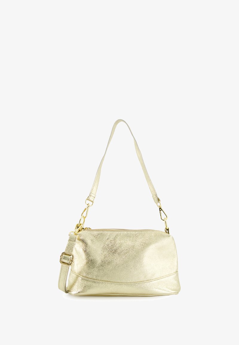 Metallic gold handbag with a smooth finish; features a single adjustable strap and a zippered closure; compact rectangular shape.