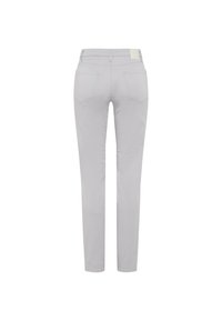 Light gray jeans featuring a slim fit design, five pockets, and stitched detailing on the back pockets. Smooth fabric texture.