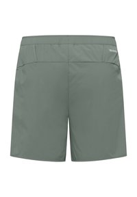 Shorts verts légers avec une taille élastique, une poche à l'arrière et un tissu lisse et texturé. Pas de motifs ou d'accents visibles.