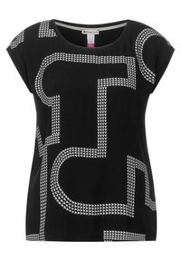 Haut noir à manches courtes avec un motif géométrique blanc. Tissu doux avec une coupe décontractée et un col rond.