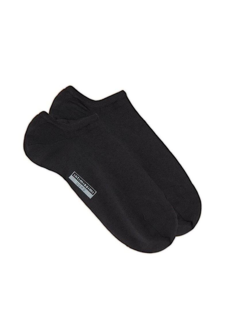 Schwarze Baumwollknöchelsocken mit glatter Textur, ausgestattet mit einem Logoetikett auf einer Seite und einem nahtlosen Design für zusätzlichen Komfort.