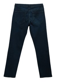 Dark blue denim jeans displayed from the back, featuring five pockets, a straight-leg design, and visible stitching details along the seams.