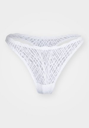 Weißer Spitzenstring aus durchsichtigem Mesh, mit einem schlichten Design, schmalem elastischem Bund und einem strukturierten Muster.