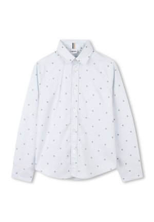 Lichtblauwe langarmshirt met zilveren stippenpatroon, knoopsluiting aan de voorkant, kraag en slim fit ontwerp in zachte stof.