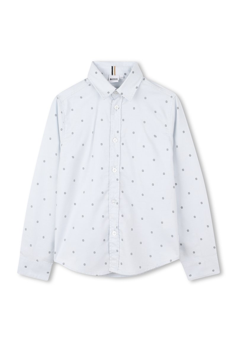 Camicia a maniche lunghe azzurro chiaro con motivo a pois argentati, chiusura con bottoni, colletto e design slim fit in tessuto morbido.
