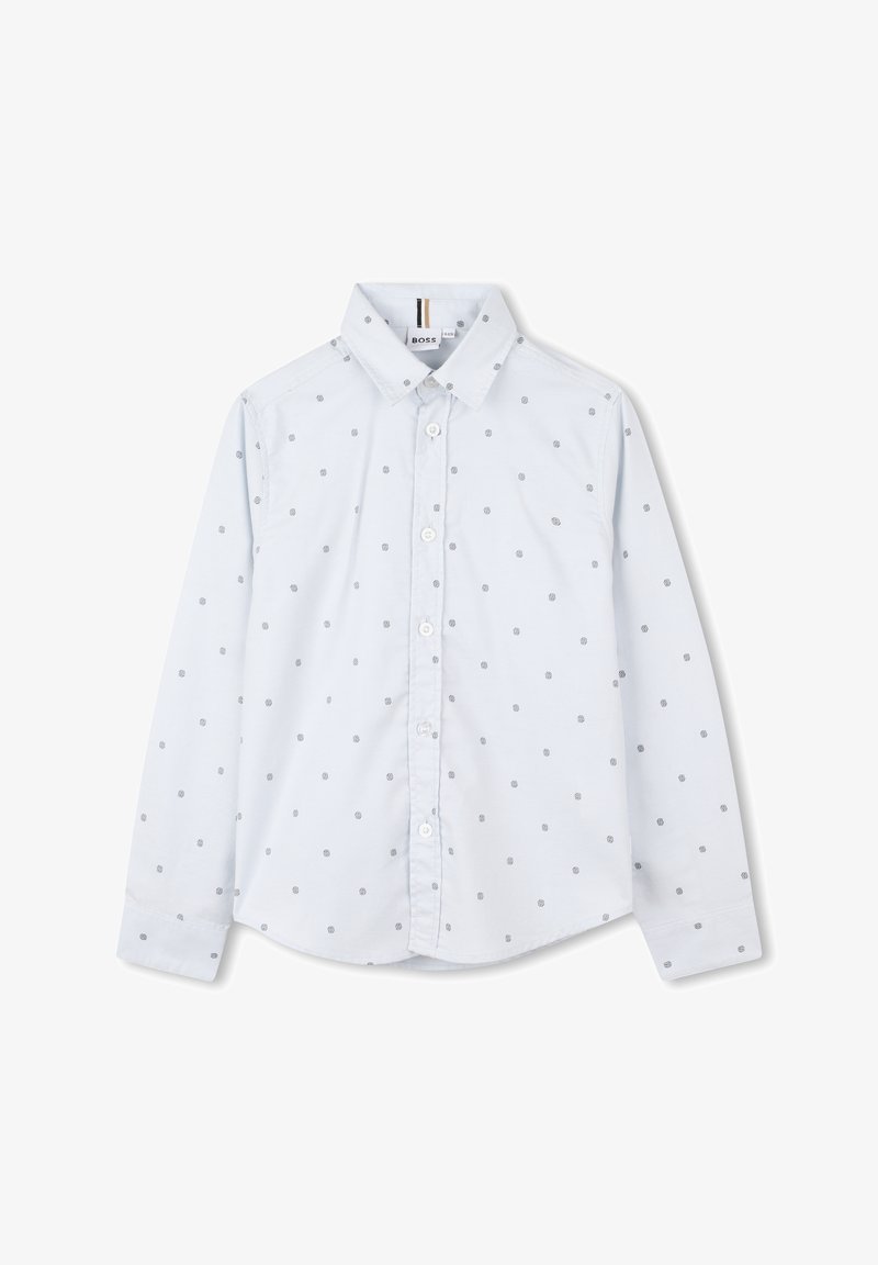 Camicia a maniche lunghe azzurro chiaro con motivo a pois argentati, chiusura con bottoni, colletto e design slim fit in tessuto morbido.