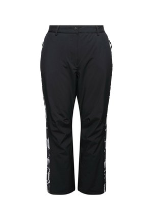 Sorte vandtætte bukser med lige pasform, der har lynlåslommer på siden og hvide abstrakte mønstre langs de ydre sømme.