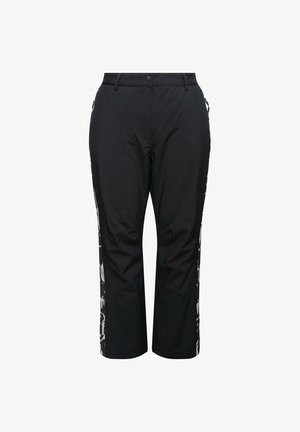 Sorte vandtætte bukser med lige pasform, der har lynlåslommer på siden og hvide abstrakte mønstre langs de ydre sømme.