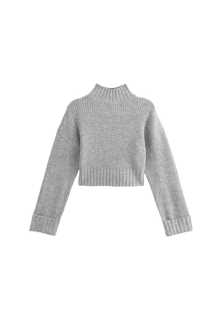 Maglione grigio corto realizzato in maglia a costine, con colletto alto e maniche larghe con polsini aderenti. Texture liscia con dettagli sottili.