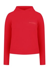 Hoodie rouge à manches longues fabriqué dans un tissu lisse, doté d'une poche frontale et du texte "SMILODOX" dans une teinte subtile sur la poitrine.