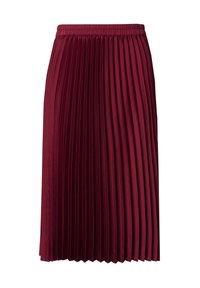 Burgundy plisserad kjol med elastisk midja; tillverkad av ett slätt tyg som visar vertikala veck och en knälång design.