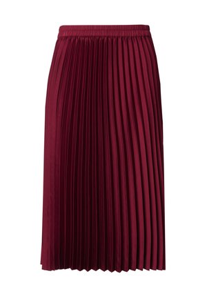 Bordeaux geplooide rok met een elastische tailleband; gemaakt van een soepele stof die verticale plooien en een knielange snit laat zien.