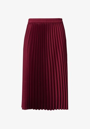 Bordeaux geplooide rok met een elastische tailleband; gemaakt van een soepele stof die verticale plooien en een knielange snit laat zien.