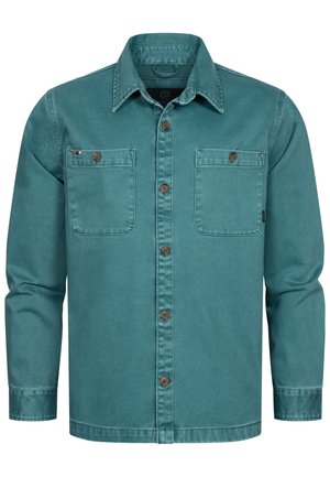Camicia teal con bottoni, realizzata in tessuto resistente, caratterizzata da due tasche sul petto e bottoni marroni. Il design include un colletto classico e maniche lunghe.