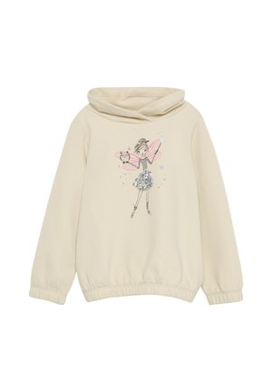 Felpa color crema con cappuccio, caratterizzata da una grafica di una ragazza con ali da fata rosa e dettagli luccicanti su una gonna argentata.