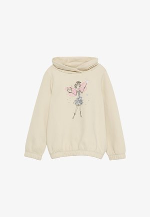 Sweatshirt couleur crème avec une capuche, présentant un motif d'une fille avec des ailes de fée roses et des accents pailletés sur une jupe argentée.