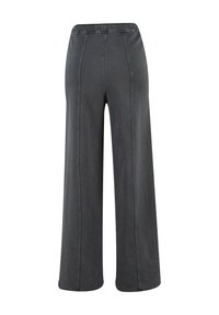 Wijde broek van donkergrijze stof, met een hoge elastische tailleband en contrasterende stikdetails langs de naden.