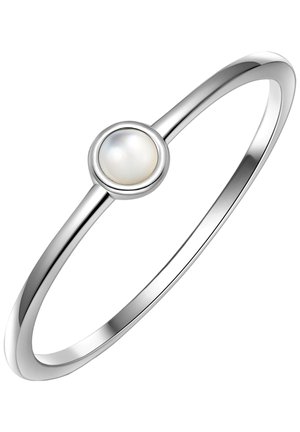 Hõbedane käevõru, mille keskmes on ümmargune valge pärl, sile viimistlus ja õhuke, elegantne profiil minimalistikus disainis.