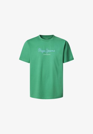 Grünes Baumwoll-T-Shirt mit Rundhalsausschnitt. Auf der Vorderseite befindet sich das Logo "Pepe Jeans LONDON" in hellblauer, geschwungener Schrift. Kurze Ärmel, klassischer Schnitt.