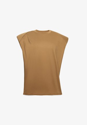 Hnedý krátky rukáv top vyrobený z mäkkej látky, s okrúhlym výstrihom a asymetrickým dizajnom s spusteným ramenom.