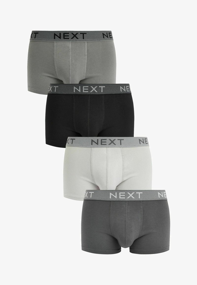 Négy pár NEXT férfi alsónemű szürke, fekete és fehér színben. Szövetkeverék anyag, közepes derekú kialakítás, márkás elasztikus derékkal.
