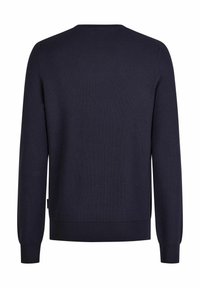 Navyblau gestrickter Pullover mit Rundhalsausschnitt, langen Ärmeln, gerippten Bündchen und Saum. Strukturiertes Material ohne sichtbare Muster oder Beschläge.