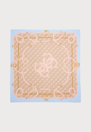Foulard carré avec fond beige, rubans roses clairs entrelacés, anneaux dorés et bordure bleu clair.