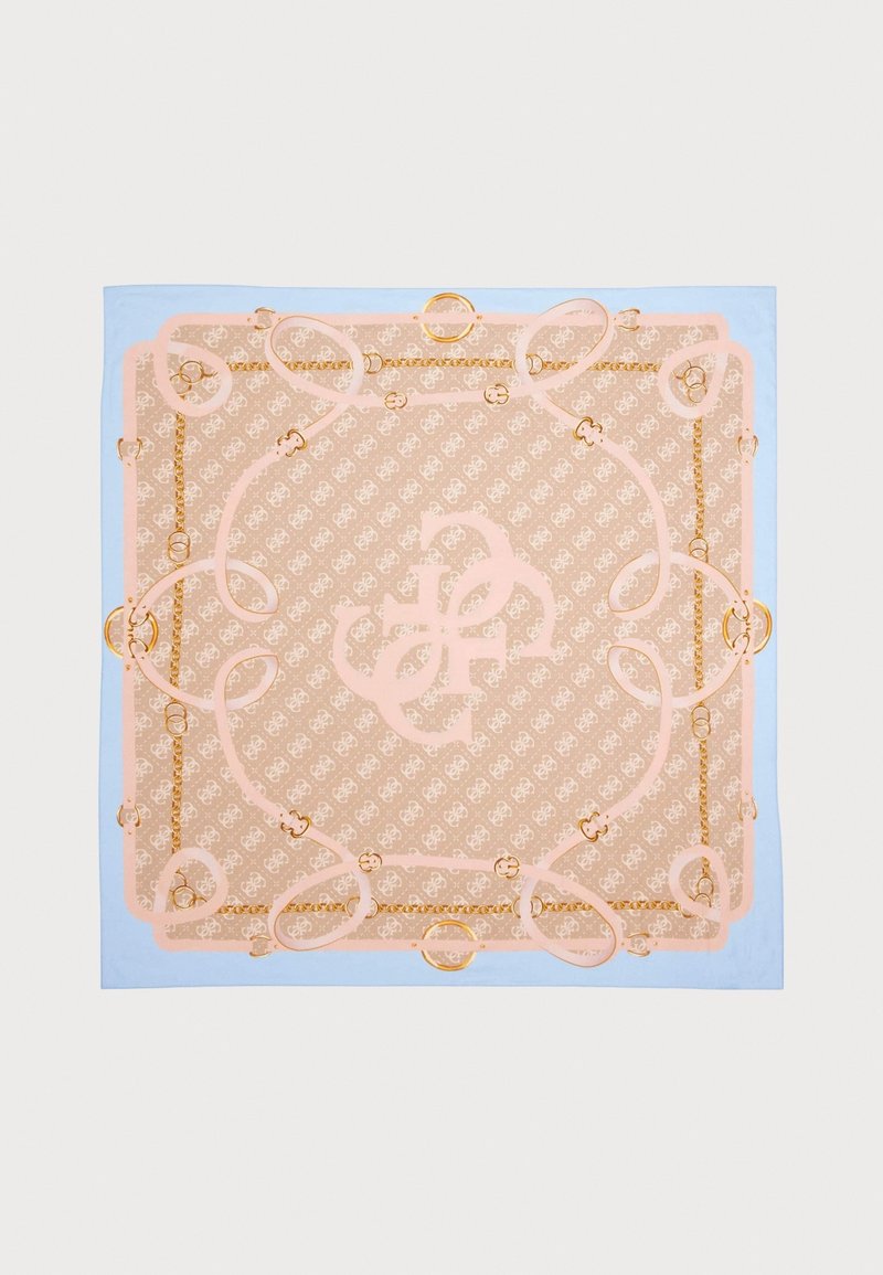 Foulard carré avec fond beige, rubans roses clairs entrelacés, anneaux dorés et bordure bleu clair.