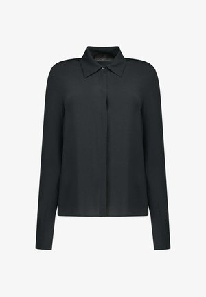 Chemise noire à manches longues avec boutons, col pointu et patte de boutonnage cachée à l'avant, présentée sur fond blanc.