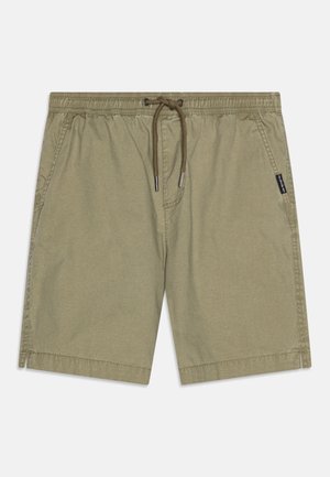 Khaki šortky vyrobené z mäkkého materiálu, s elastickým pásom so šnúrkou, bočnými vreckami a rovného strihu.