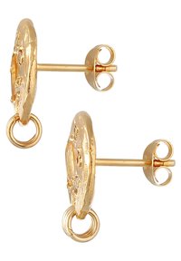 Kuldtooni stud-kõrvarõngad tekstureeritud ovaalse disainiga, ringikujulise aksessuaari ja turvalise tagasiviidava sulgemisega.