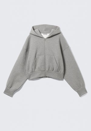 Īss pelēks džemperis ar kapuci no mīksta auduma, ar priekšējo rāvējslēdzēju, divām sānu kabatām un kapuci ar auklu un ribotām aprocēm.