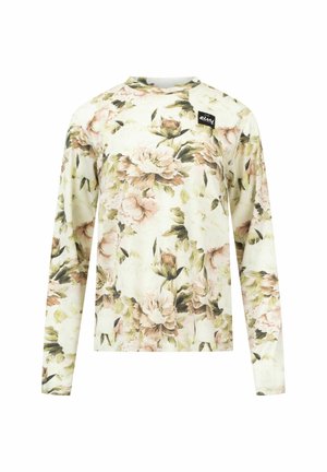 Chemise à manches longues florale en crème, ornée de grands motifs de fleurs roses et vertes, avec un col rond et un petit patch logo noir sur la poitrine.