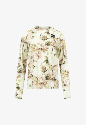 Chemise à manches longues florale en crème, ornée de grands motifs de fleurs roses et vertes, avec un col rond et un petit patch logo noir sur la poitrine.