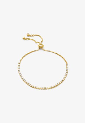 Bracciale d'oro con design a catena, adornato con accenti di gemme trasparenti. Dotato di chiusure regolabili per una vestibilità personalizzabile.