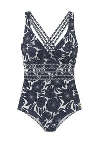 Vientisas maudymosi kostiumėlis su tamsiai mėlynu gėlių raštu, su v-kaklo dizainu, kryžminėmis petnešomis, tekstūruotu juosmeniu ir kontrastiniu baltu fonu.