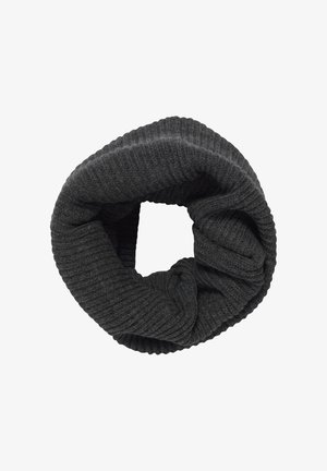 Knitted dark gray infinity scarf with a ribbed texture, circular shape, and soft material, designed for warmth and comfort.