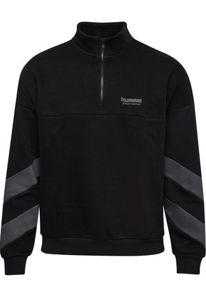 Schwarzer Viertel-Reißverschluss-Sweatshirt mit grauen diagonalen Streifen auf den Ärmeln und dem Schriftzug "hummel SPORTSWEAR" auf der linken Brust.