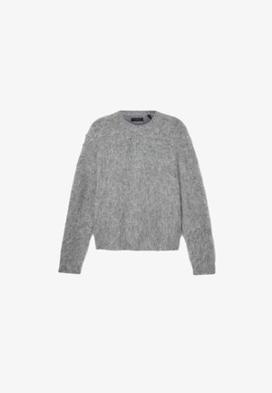 Grå, langærmet sweater lavet af blødt materiale med rund halsudskæring og en cropped pasform. Glat tekstur med et blødt, let udseende.