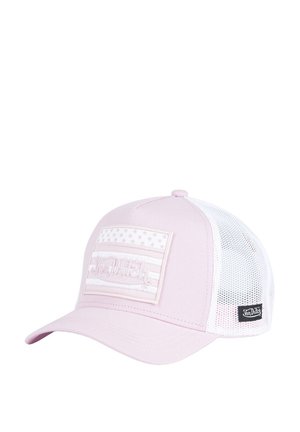 Light pink cap with a white mesh back, featuring a patch with a subtle American flag design and "Von Dutch" embroidered in cursive.