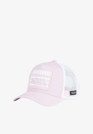 Light pink cap with a white mesh back, featuring a patch with a subtle American flag design and "Von Dutch" embroidered in cursive.