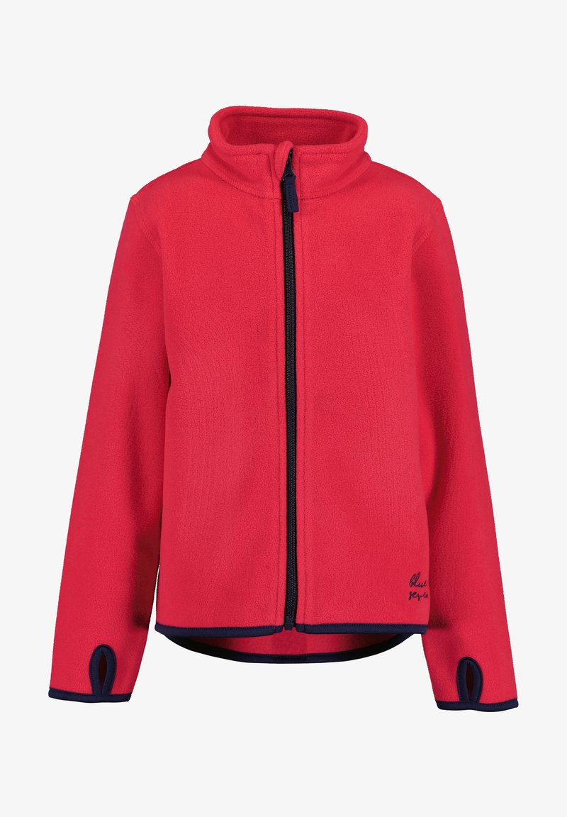 Rode fleecejas met een volledige zwarte ritssluiting, hoge kraag, duimgaten in de mouwen en zwarte bies langs de randen.