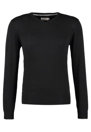 Sort, tætsiddende V-hals sweater med lange ærmer. Fremstillet af blødt strikstof, med ribbede manchetter og talje. Minimalistisk design.