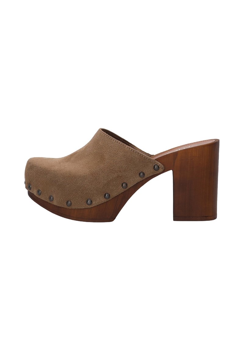 Brown suede clog with a rounded toe, wooden heel, and metal studs along the edge; wedge design enhances stability and support.